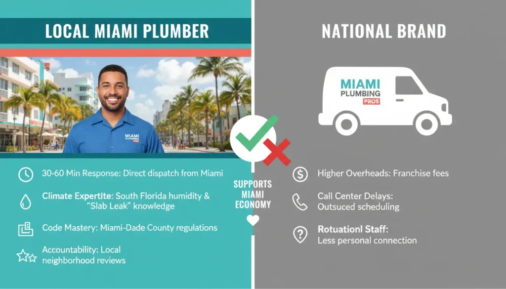 A comparison infographic highlighting the benefits of hiring a local Miami plumber versus a national franchise, focusing on faster response times, local code expertise, and personalized community service.