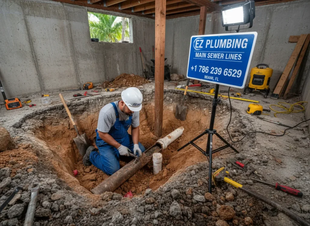 Ez Plumbing technician performing a full main sewer line replacement and excavation service for a residential property in Miami.