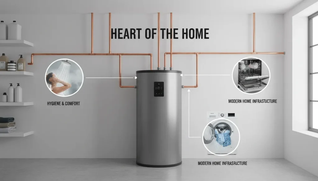 A high-resolution view of a modern energy-efficient water heater installed in a clean utility room, connected to copper plumbing lines, representing the central hub of household hot water and comfort.