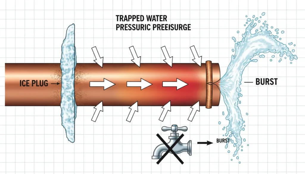 A technical cross-section diagram of a plumbing pipe showing an ice blockage, trapped water, and the point of failure caused by hydrostatic pressure.