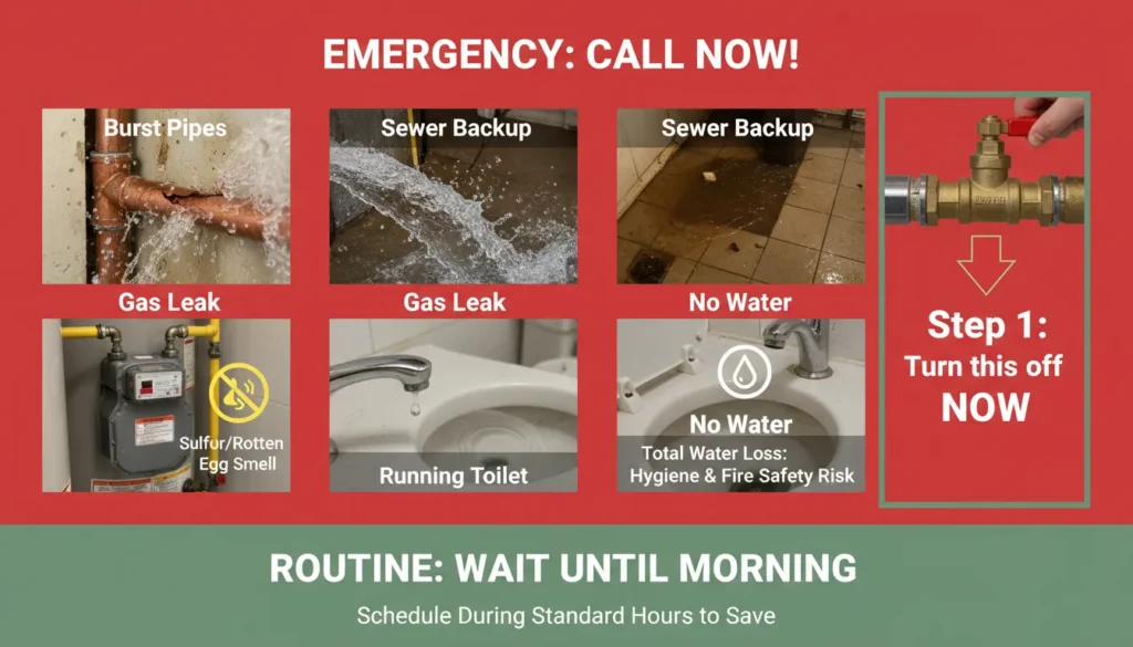 A checklist infographic titled 'What Counts as a Plumbing Emergency?' illustrating critical issues like burst pipes, sewer backups, gas leaks, and total water loss that require immediate repair.