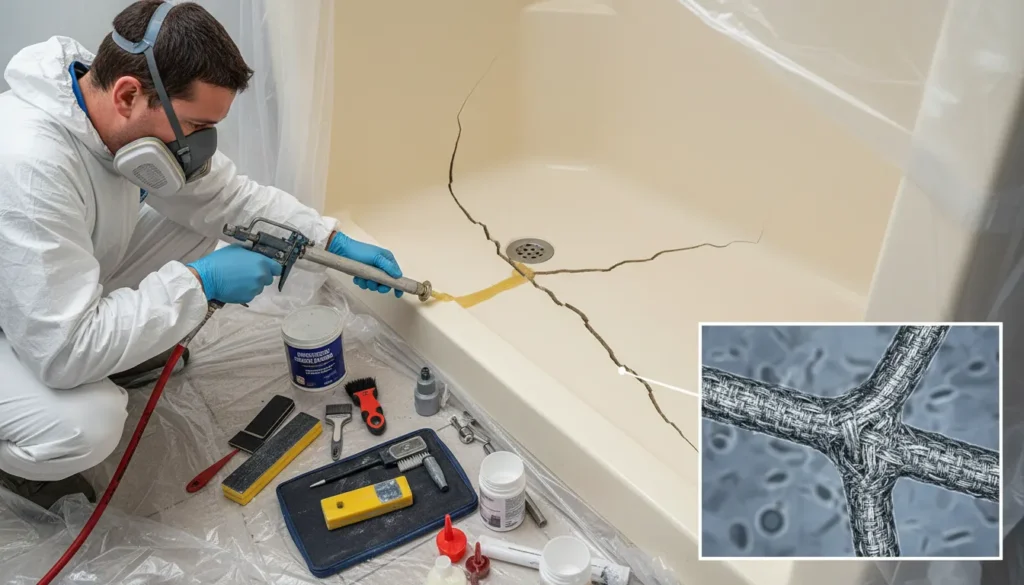 A close-up of an expert plumber repairing a structural crack in a fiberglass shower base using industrial-grade epoxy resin.