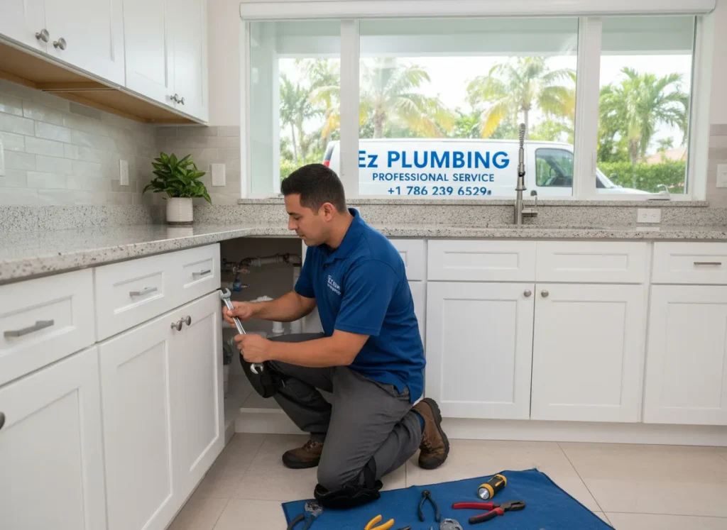 Ez Plumbing technician performing professional kitchen sink leak repair and drain maintenance in a modern Miami home.