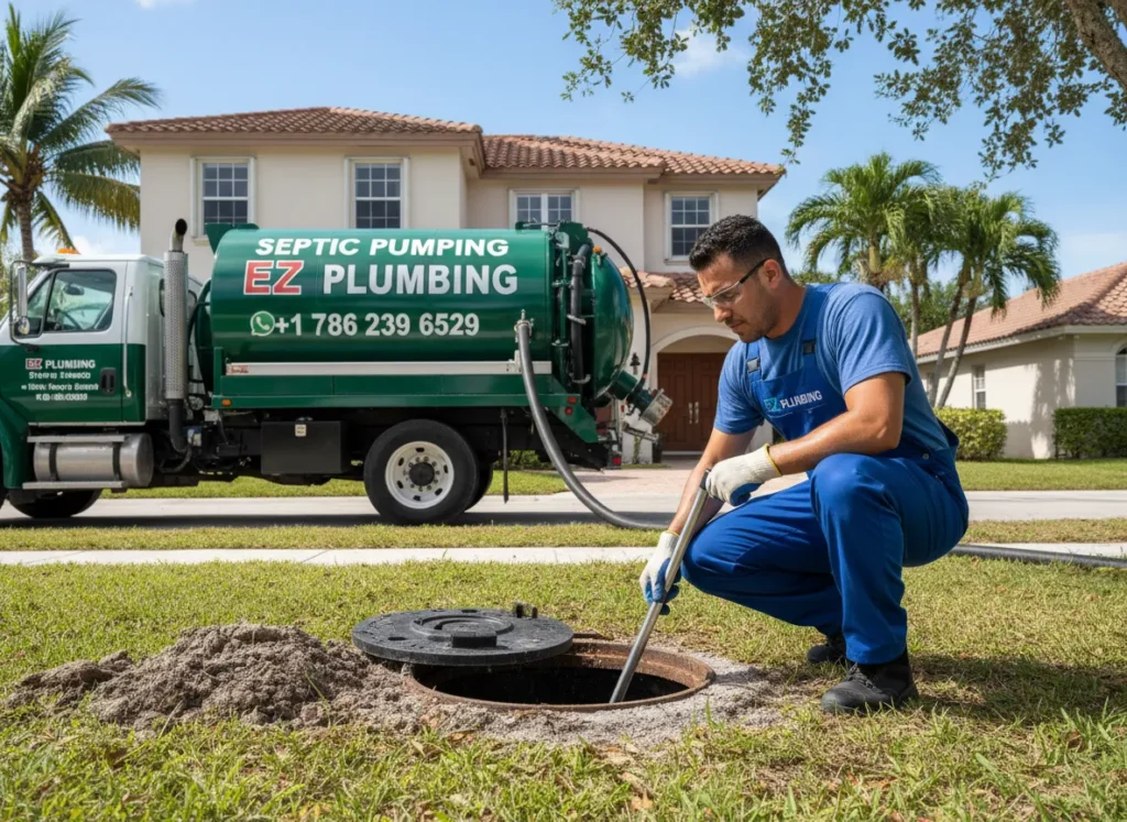 Ez Plumbing technician performing professional septic tank pumping and maintenance service at a residential property in Miami.