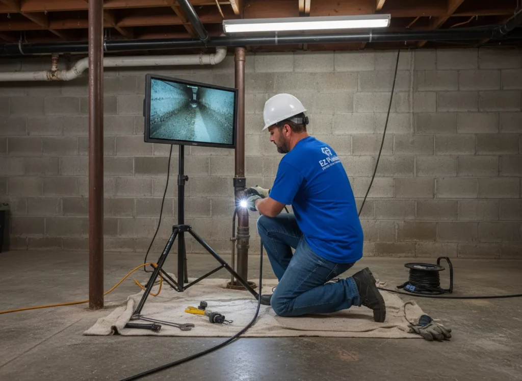 Ez Plumbing technician using a professional fiber-optic sewer camera and high-definition monitor to inspect underground pipes for blockages in a Miami residence.