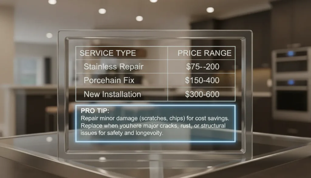 A price comparison table showing costs for stainless steel repair, porcelain restoration, and professional sink installation.