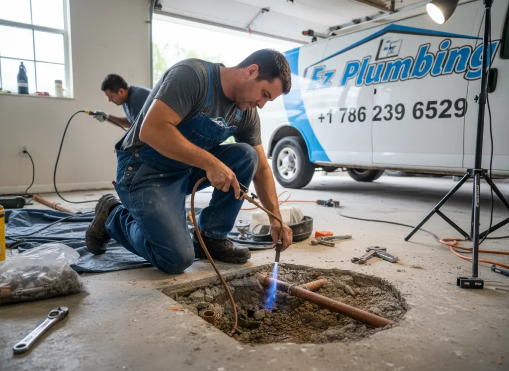 Ez Plumbing technician performing professional slab leak repair by soldering copper pipes beneath a concrete foundation in a Miami home.