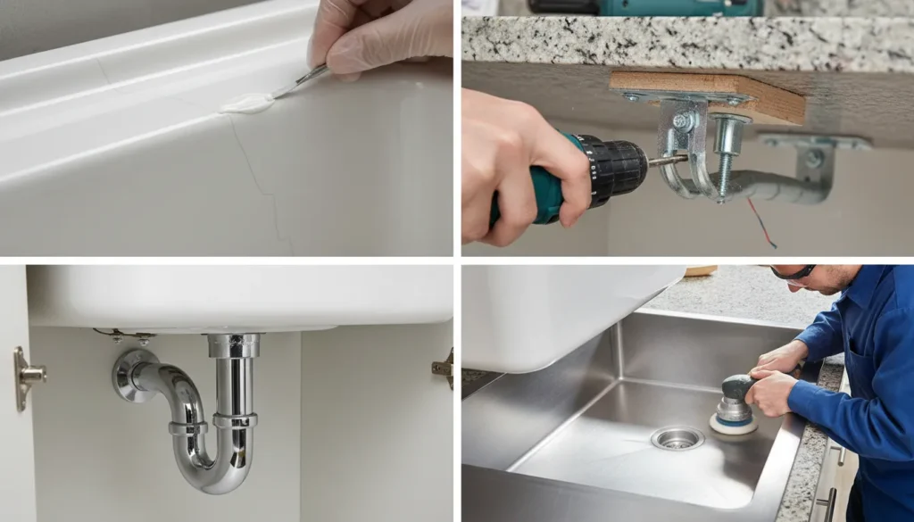 A collage showing a technician fixing a cracked porcelain sink and reinforcing an undermount kitchen sink with clips.