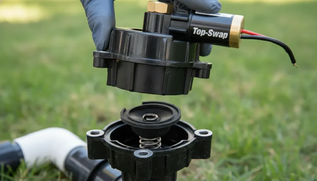 Sprinkler Valve Repair showing the step-by-step assembly of the diaphragm, spring, and solenoid.