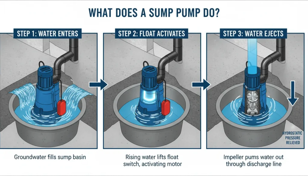 What Does a Sump Pump Do? Diagram of groundwater removal process