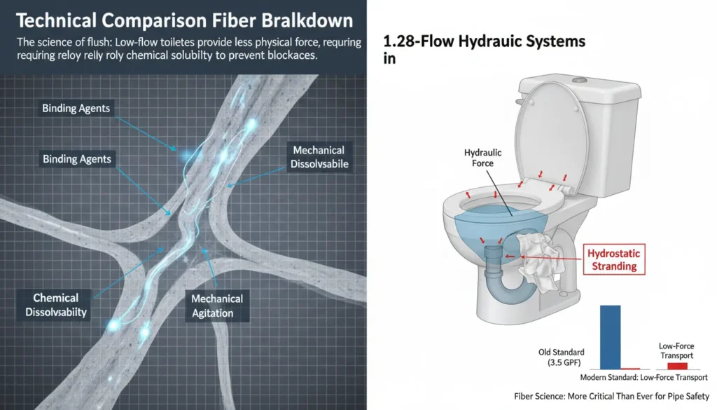 A microscopic view of cellulose fiber bonds breaking down versus a diagram of a low-flow toilet trap showing paper accumulation due to low water volume.