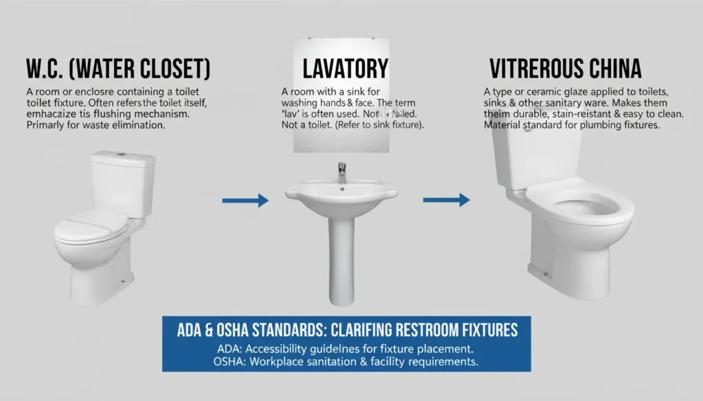 Professional toilet names comparison showing Water Closet and Lavatory plumbing standards