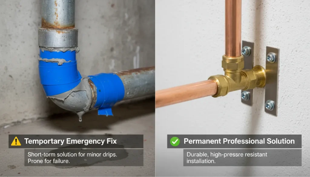 A side-by-side comparison showing a temporary pipe repair using epoxy putty and silicone tape versus a permanent professional copper pipe replacement by a licensed plumber.