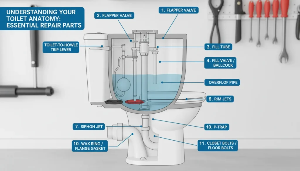 Anatomy of a toilet tank showing the fill valve, flush valve, flapper, overflow tube, and handle lever for repair identification.