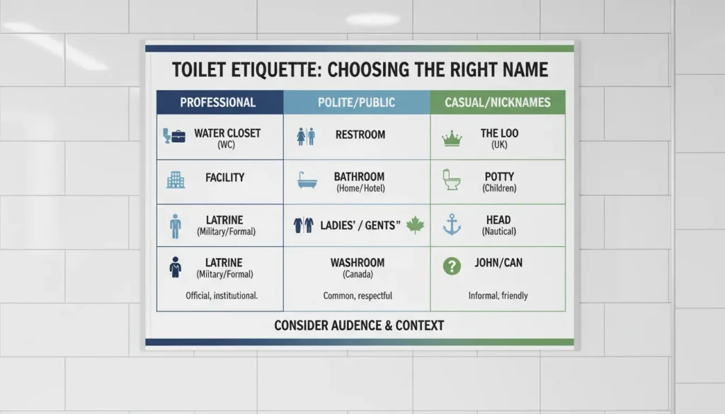Comparison chart showing when to use different toilet names in formal and casual settings