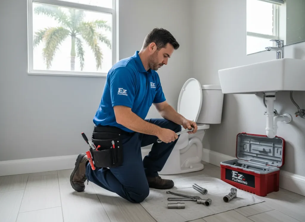 Ez Plumbing technician repairing a leaking toilet and installing new bathroom fixtures for a residential client in Miami.