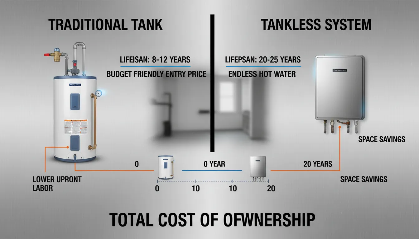 A split-screen comparison infographic showing a traditional storage tank water heater side-by-side with a wall-mounted tankless unit, highlighting differences in lifespan, unit size, and long-term energy savings over two decades.