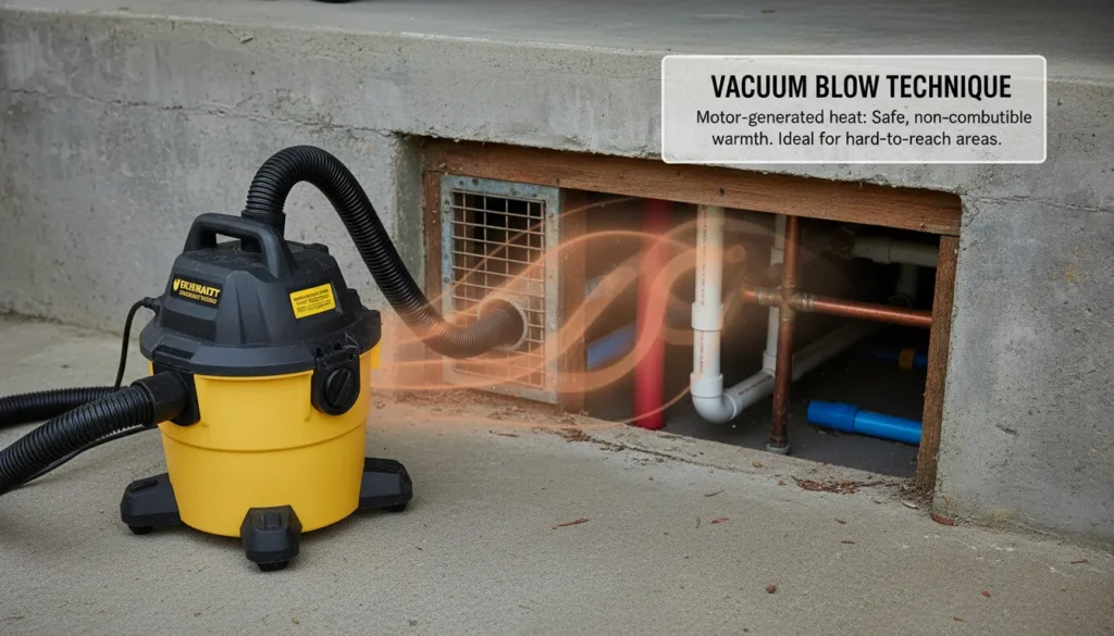 A homeowner using a shop vacuum in blow mode to direct warm air into a crawlspace vent to circulate heat around frozen pipes.