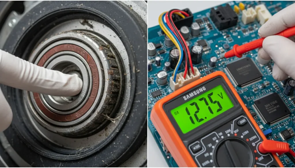 A professional technician repairing a washing machine drum motor and replacing a rubber door gasket seal.
