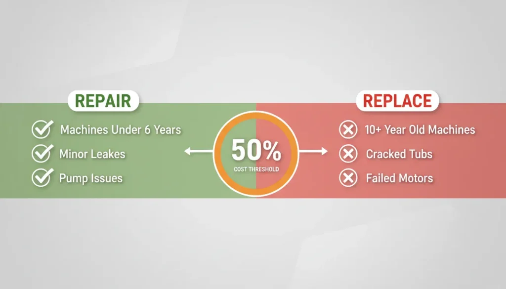 A decision-making infographic showing the 50/50 rule for washing machine repairs vs buying a new one.