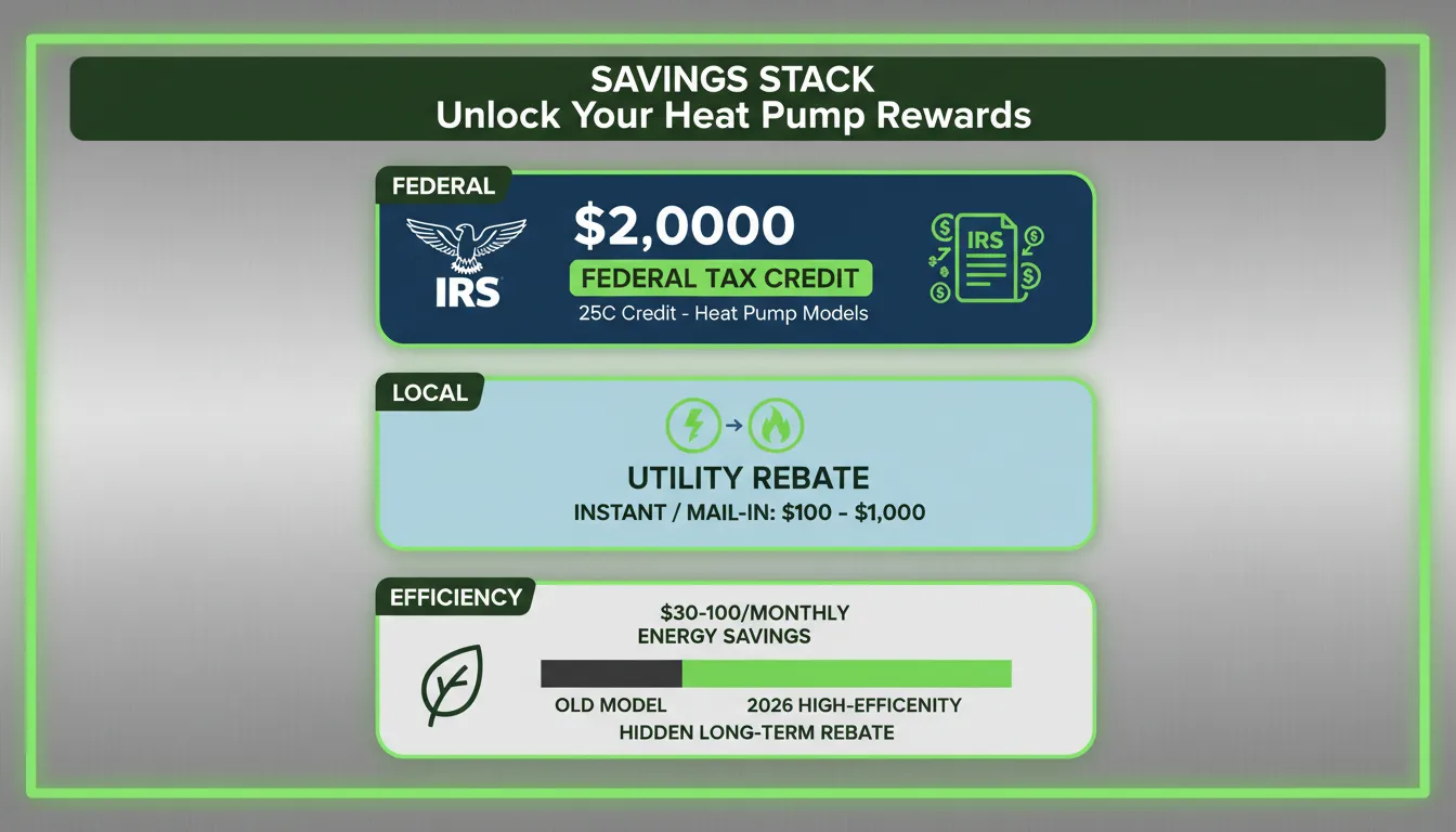 A professional financial summary infographic illustrating the three main ways to save on a water heater: Federal Tax Credits, Local Utility Rebates, and long-term energy savings from high-efficiency models.