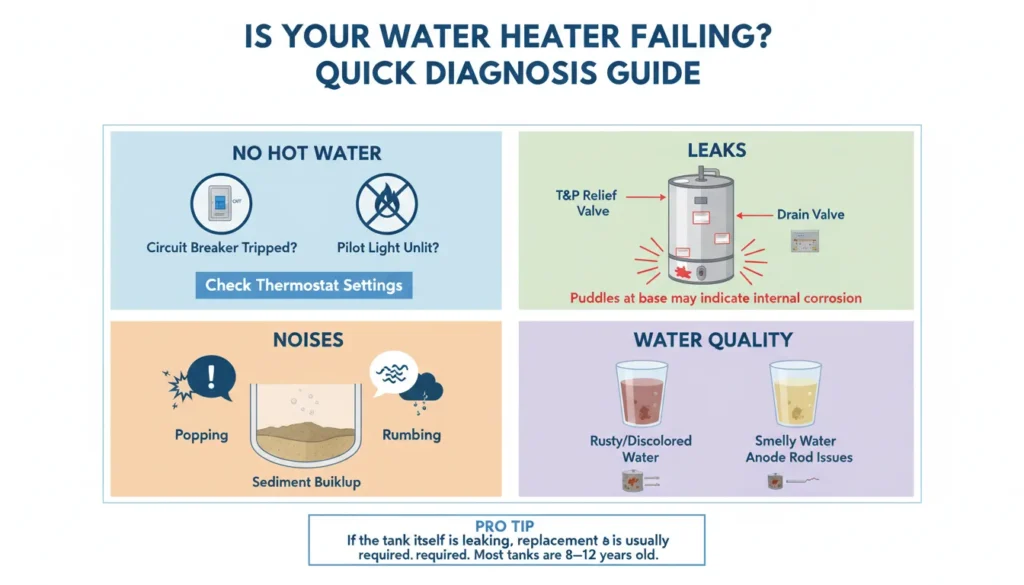 Infographic showing a step-by-step diagnostic checklist for water heater problems including leaks, no hot water, and strange noises for gas and electric units.