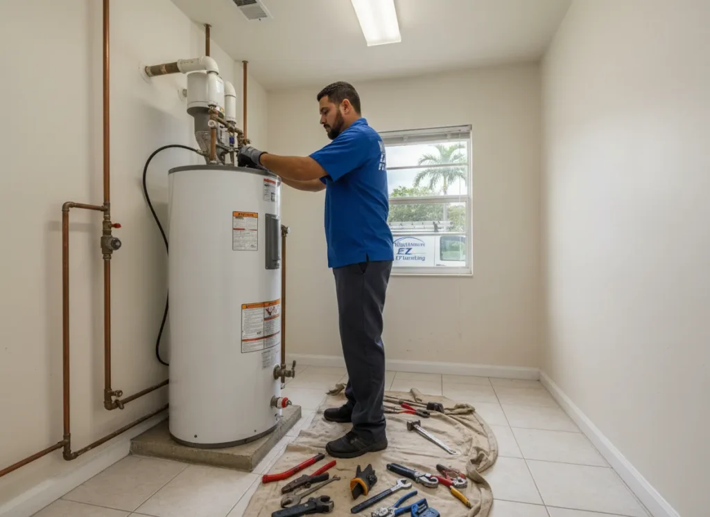 Ez Plumbing technician performing professional water heater maintenance and pressure valve check in a Miami residential utility room.