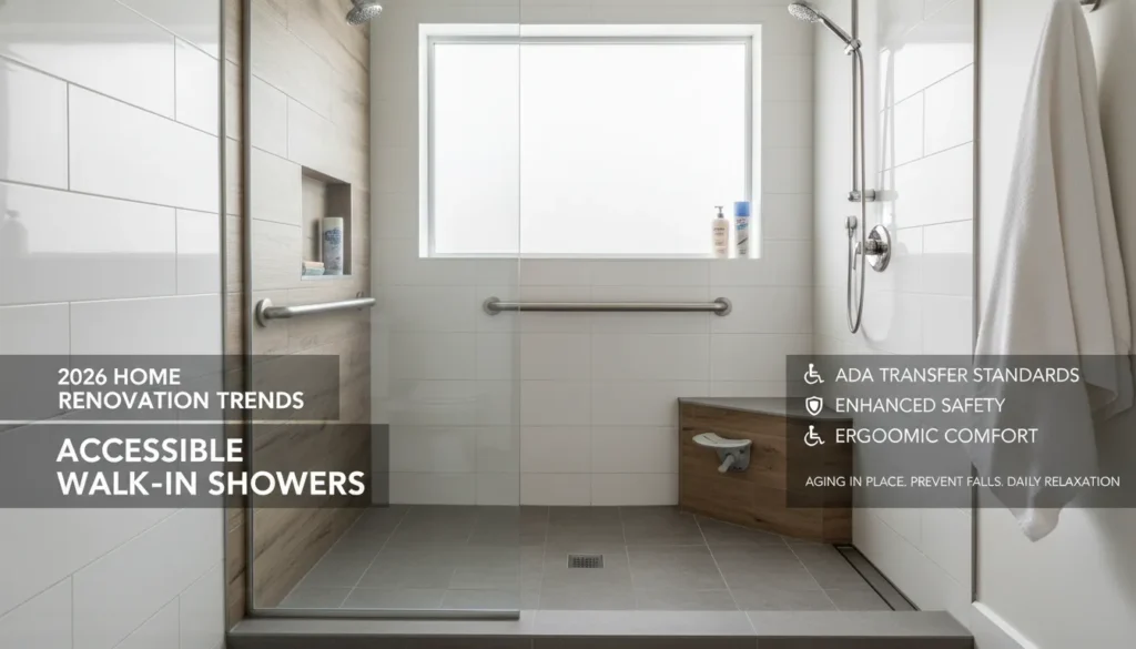 A modern curbless walk in shower with bench featuring a permanent seat for aging in place and enhanced bathroom safety.