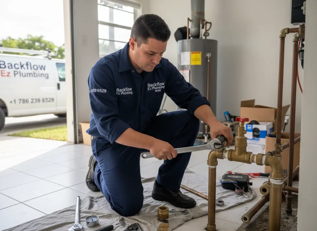 Ez Plumbing technician performing certified backflow testing and prevention valve maintenance for a residential property in Miami.