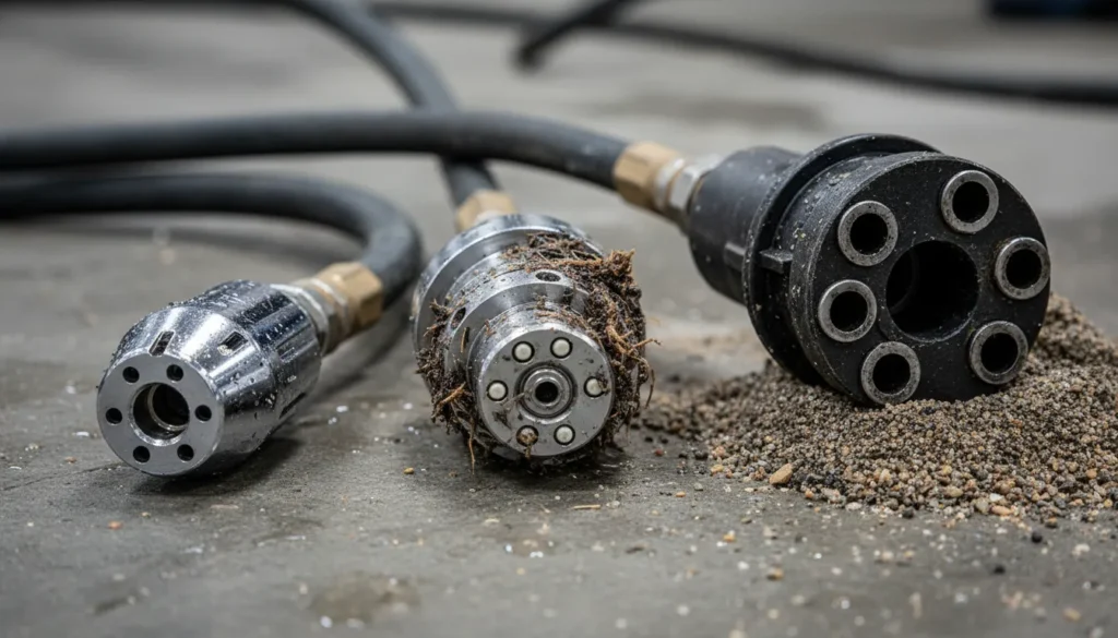 Specialized hydrojet drain cleaning nozzles like the Root Ranger and Penetrator for clearing sludge
