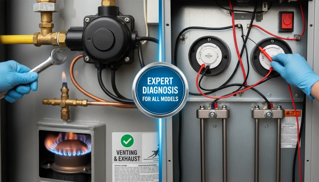 Side-by-side comparison of gas and electric water heater components, showing burner assembly and pilot light on the left versus heating elements and electrical panels on the right.