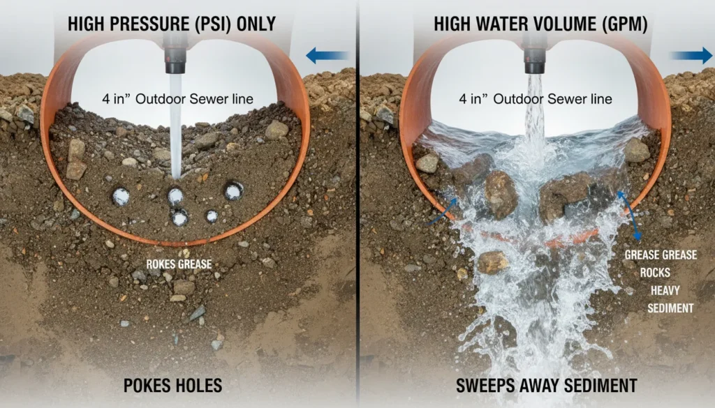 High GPM vs high PSI for hydrojet drain cleaning removing outdoor pebbles and sludge