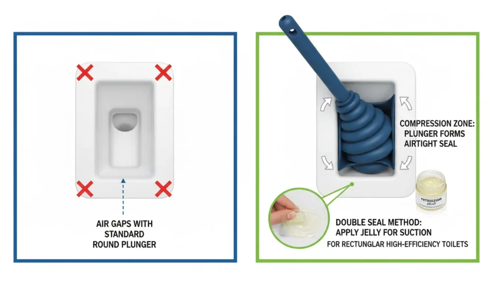A soft rubber flange plunger being manually adjusted to create a vacuum seal over a modern rectangular shaped toilet drain hole.