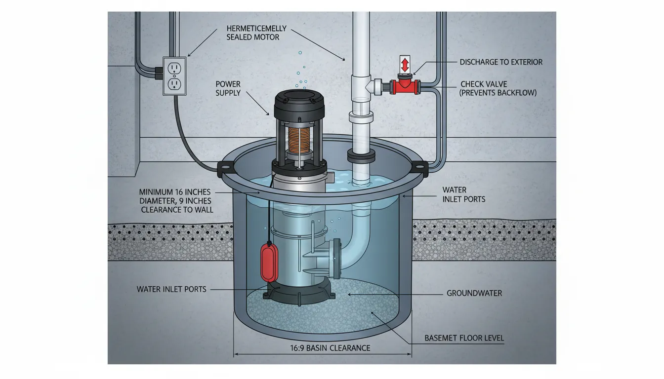 Submersible Sump Pump installation showing float switch and discharge pipe setup