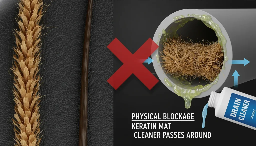 A microscopic comparison and cross-section diagram showing jagged dog hair cuticles snagging on pipe biofilm versus a smooth human hair, illustrating why chemical cleaners fail to dissolve the blockage.
