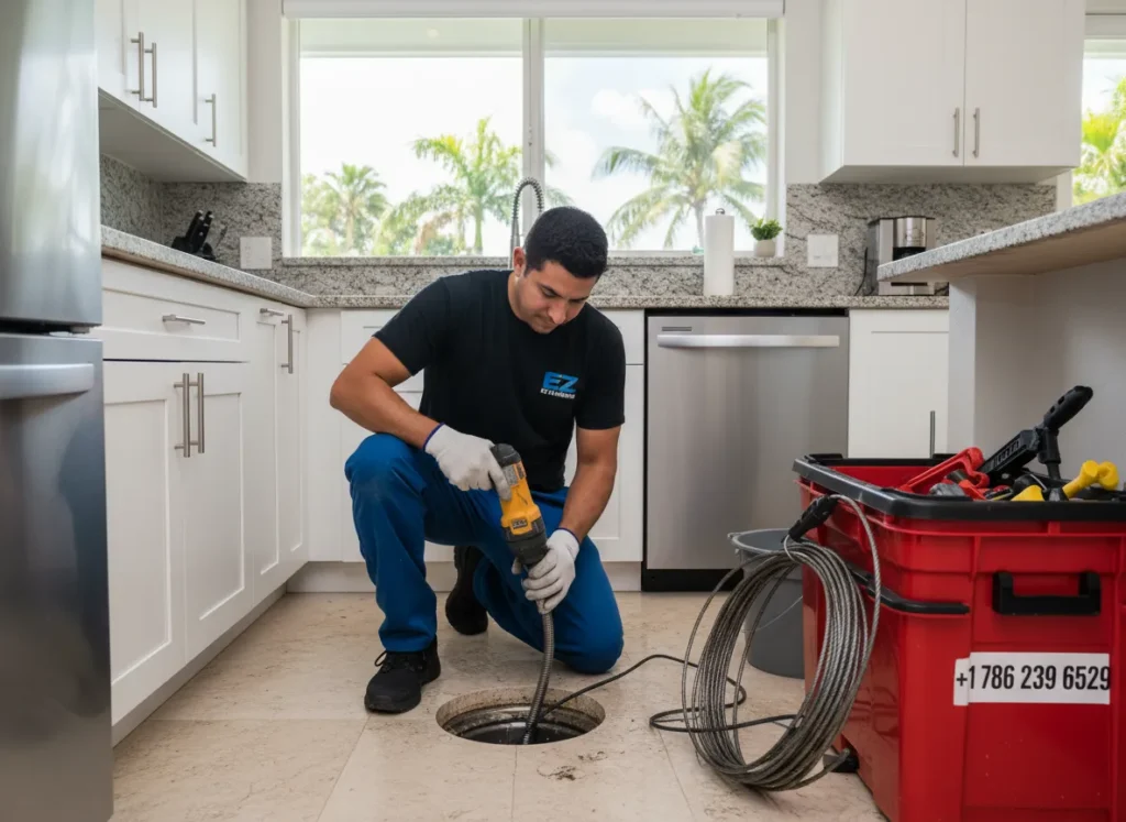 Ez Plumbing technician using a professional drain snaking machine to clear a kitchen floor drain blockage in a Miami residence.