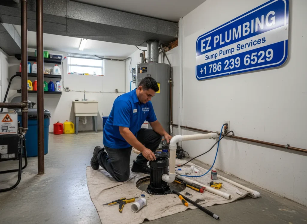 Ez Plumbing technician performing professional sump pump installation and discharge pipe setup in a Miami residential basement.