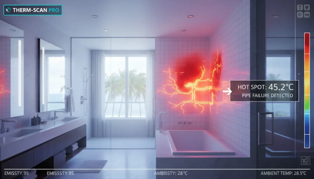 Infrared thermal camera showing a water leak pattern behind a bathroom drywall.