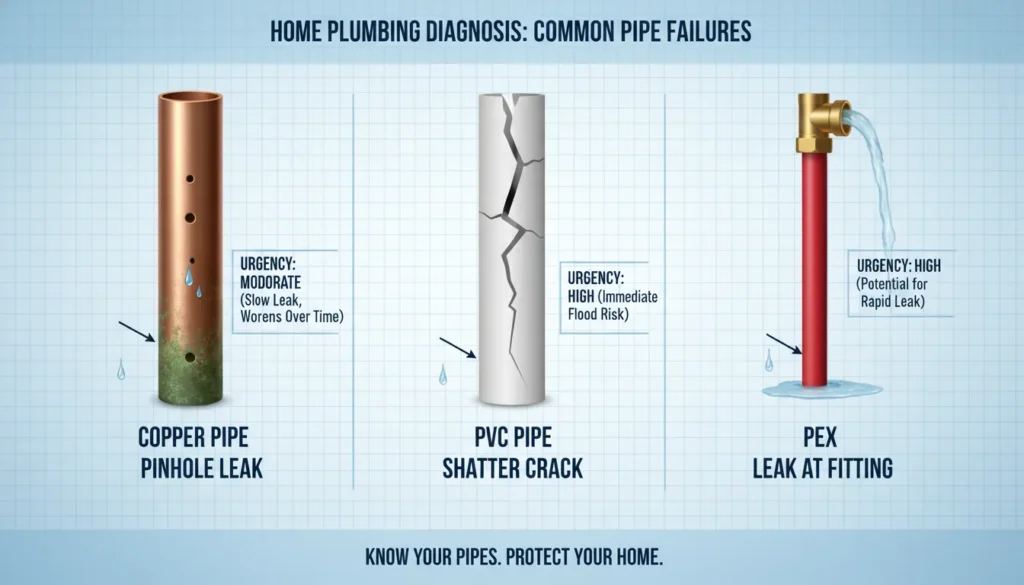 High-contrast comparison of green copper pitting corrosion, PVC longitudinal cracks, and PEX pipe failure for plumbing diagnosis.