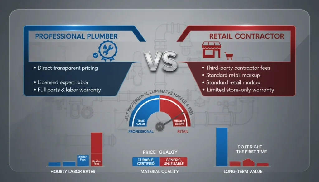 A side-by-side comparison chart showing the differences in repair costs, labor quality, and warranty coverage between a professional plumbing service and a retail home improvement store.
