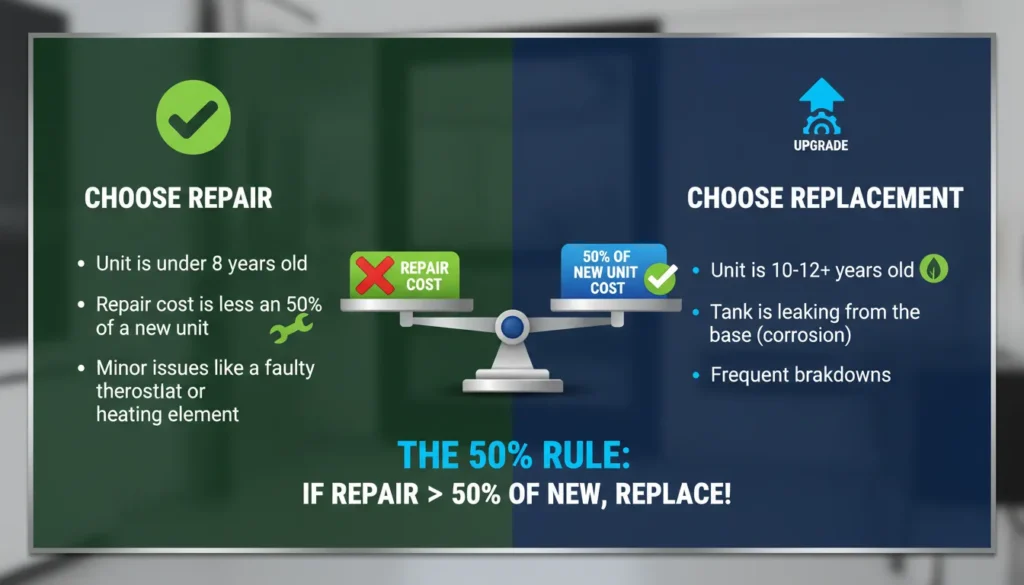 Comparison chart showing repair vs replacement criteria for a water heater based on age, repair cost, and efficiency levels.