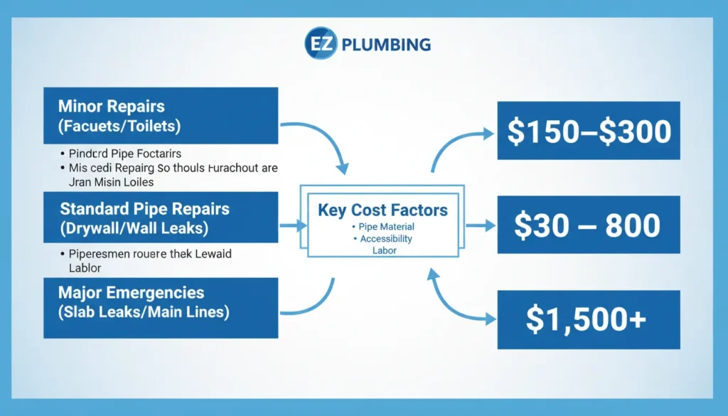 Infographic showing estimated costs for different types of water leak repairs in Miami, including faucet drips, burst pipes, and slab leaks.