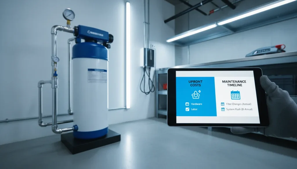 A professional technician reviewing a digital cost estimate for a whole-home water filtration system installation, illustrating the balance between upfront equipment costs and annual filter maintenance expenses.