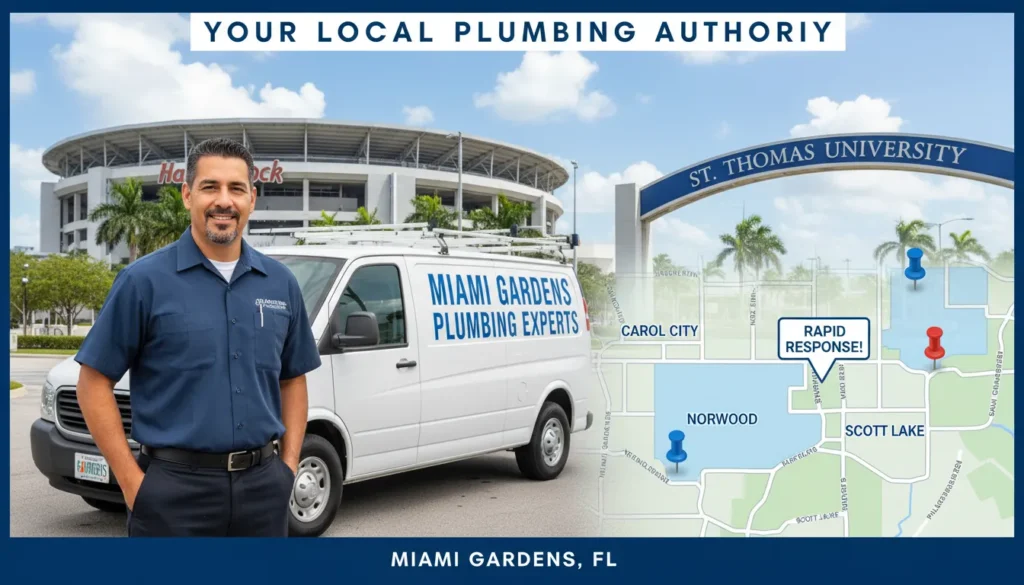A professional service map of Miami Gardens showing a plumbing technician standing near NW 27th Ave with Hard Rock Stadium and Miami Gardens Drive highlighted in the background.
