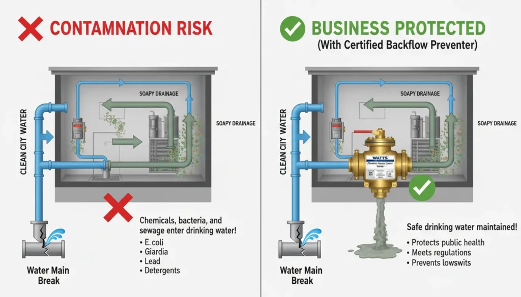 Technical infographic showing a car wash water supply contaminating a clean city water line due to a missing backflow preventer.