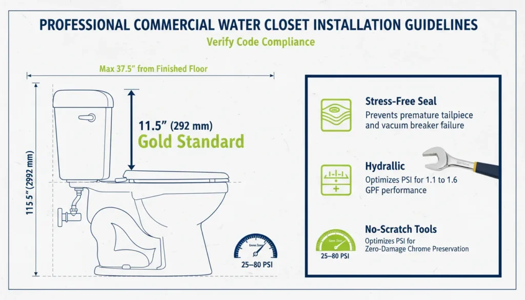 A technical plumbing diagram showing the 11.5-inch rough-in measurement for a commercial flushometer, illustrating the distance from the fixture spud to the supply inlet center line for ADA compliance.