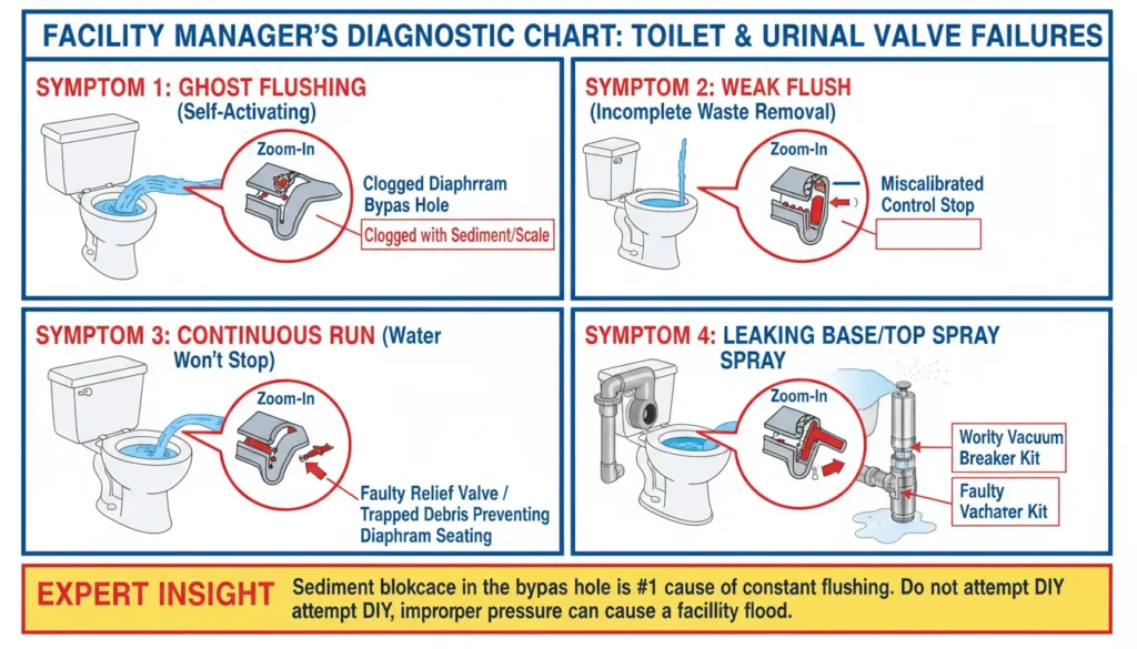 A detailed troubleshooting infographic for commercial flushometers showing common symptoms like ghost flushing, weak flushes, and continuous running, with cross-section views of clogged diaphragms and worn relief valves.