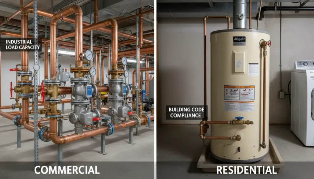 A high-detail comparison showing complex industrial water main manifold with pressure gauges and thick copper piping next to a standard residential plumbing setup.
