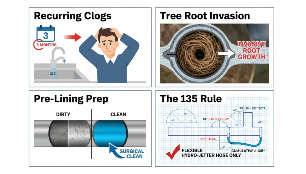 An infographic showcasing four critical sewer line warning signs: recurring clogs, invasive tree roots in a pipe, a grease-filled pipe before relining, and a diagram of the 135-degree plumbing rule.