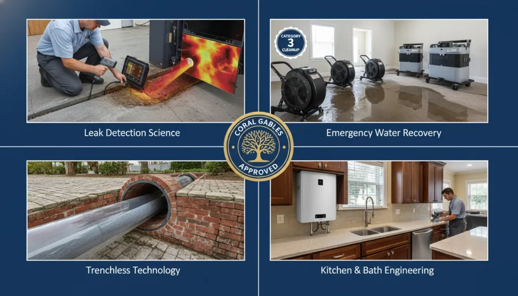 A high-resolution technical infographic showing a professional plumber performing leak detection, water restoration, and trenchless pipe repair on a Coral Gables residential property, highlighting advanced tools and specialized engineering solutions.